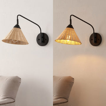 Kiawah 11" 1-Light Vintage Coastal Rattan/Metal Swing Arm LED Sconce - JONATHAN Y